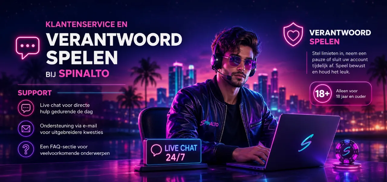 Live chat support en verantwoord spelen tools met 18-plus icoon bij Spinalto